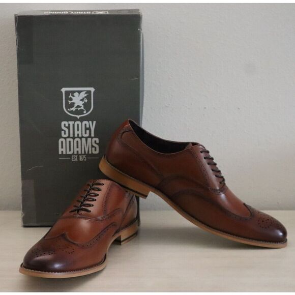 Stacy Adams Men's Sz 12M Cognac Leather Dunbar Wingtip Oxford Dress Shoes - Picture 1 of 10
